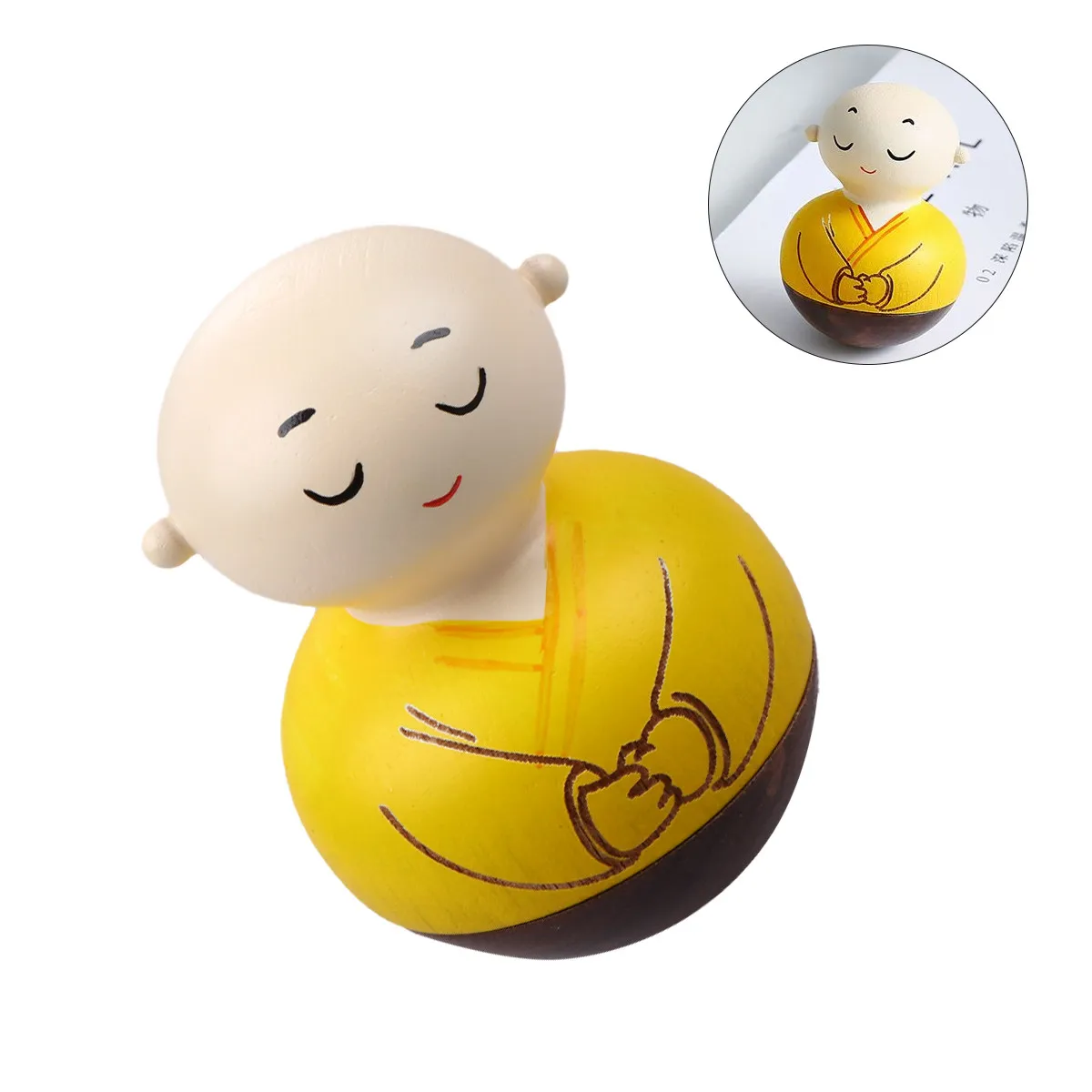 

1 шт. Желтая деревянная фигурка монаха-качалки ручной работы для декора полки и стола, с закрытыми глазами, настольный аксессуар, подарок