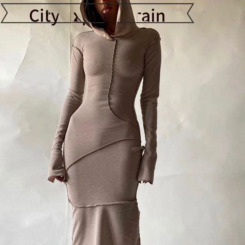 

Pure Color Strapl Slim Fit Sexy Slit Dr for Women with Hat Ba Carving Long Sve Midi Dr Koko Diva Brand
