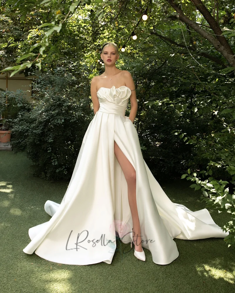 

LRosella Strapless Princess Elegant Pleat Satin 2025 Bridal A-line Slit Wedding Dress Sweep Train robe de mariée