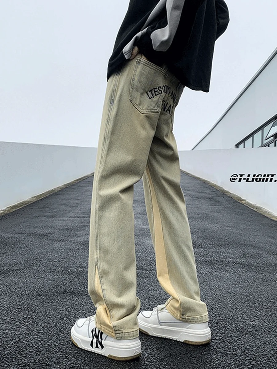 

Ele Embroidered Patchwork Slim Fit Straight Leg Jeans Trendy American Retro Sle Casual Comfortable Cotton Blend Trousers