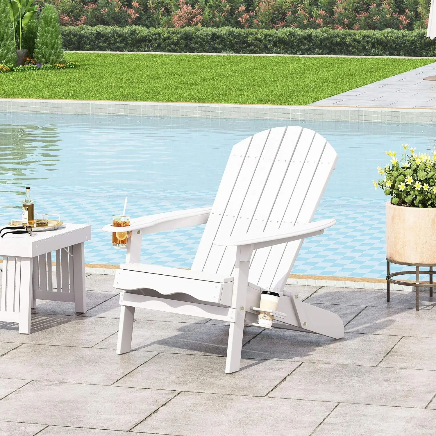 Outdoor Adirondack Chair with Cup Holders for Patio Garden Relaxation, White, Customized