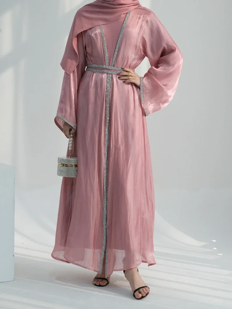 Abaya musulmane à lacets pour femmes, ensemble de 2 pièces, robe longue, caftan, cardigan islamique, Dubaï, arabe, ramadan marocain, Eid