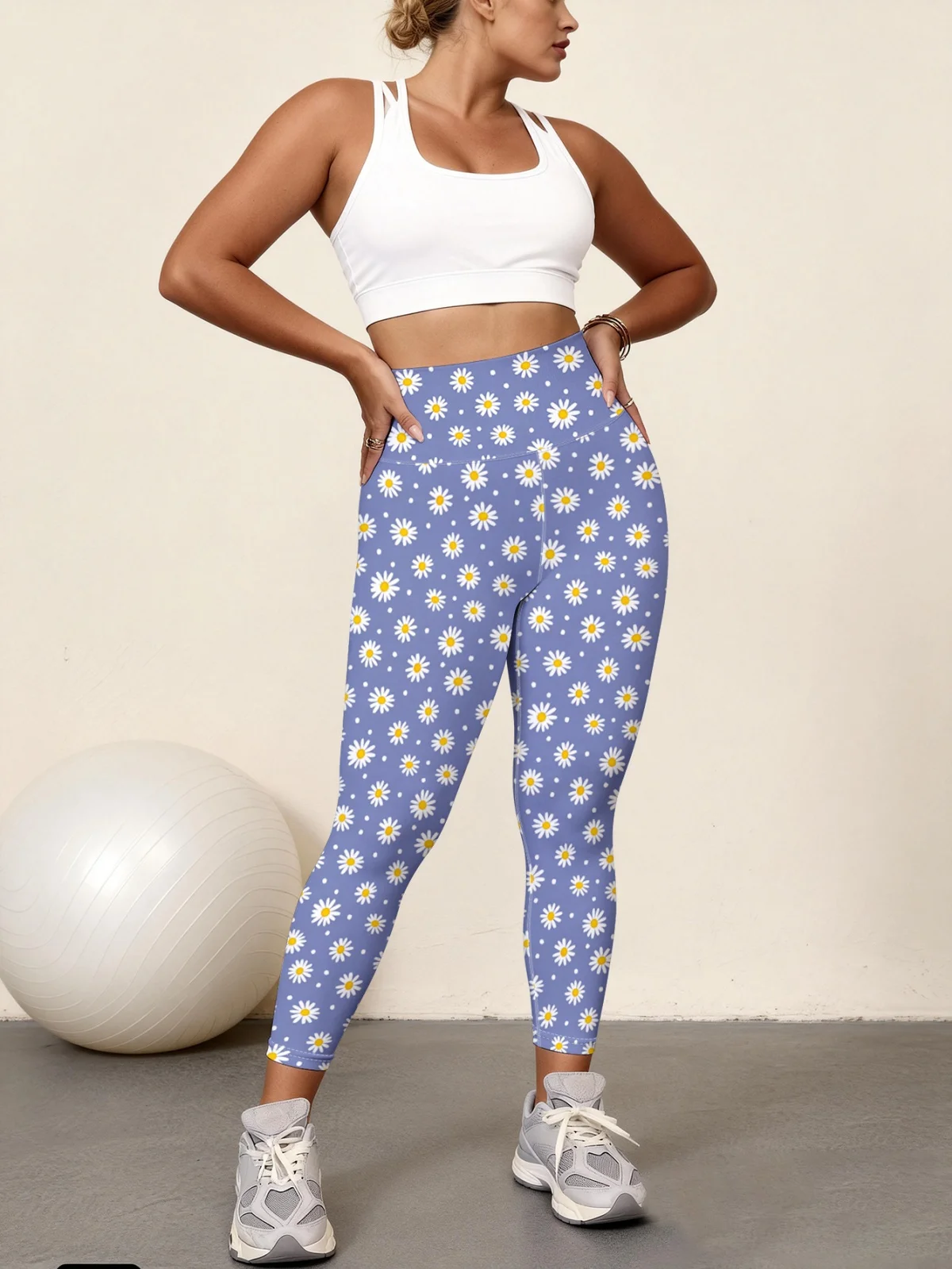 

Gray purple background daisy wave dot full print print women's high waisted yoga pants, high stretch quick drying sports legging