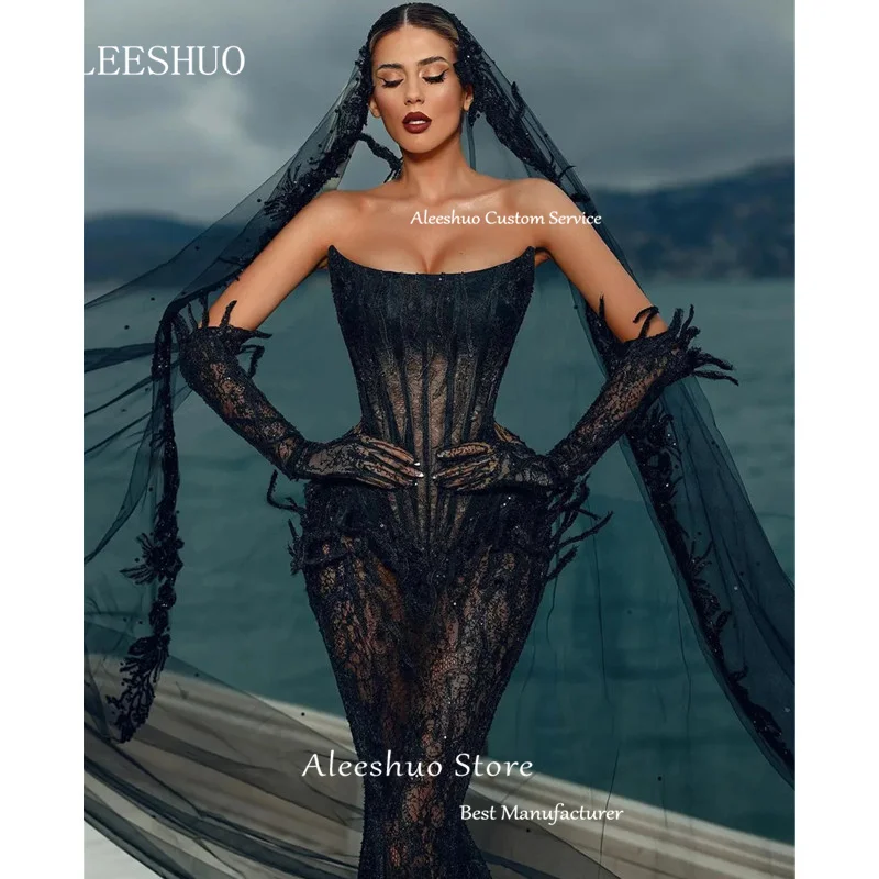 Aleeshuo-vestido de noche de sirena sin tirantes, Sexy, de tul negro, brillo, ilusión de lentejuelas, encaje, sin mangas, personalizado