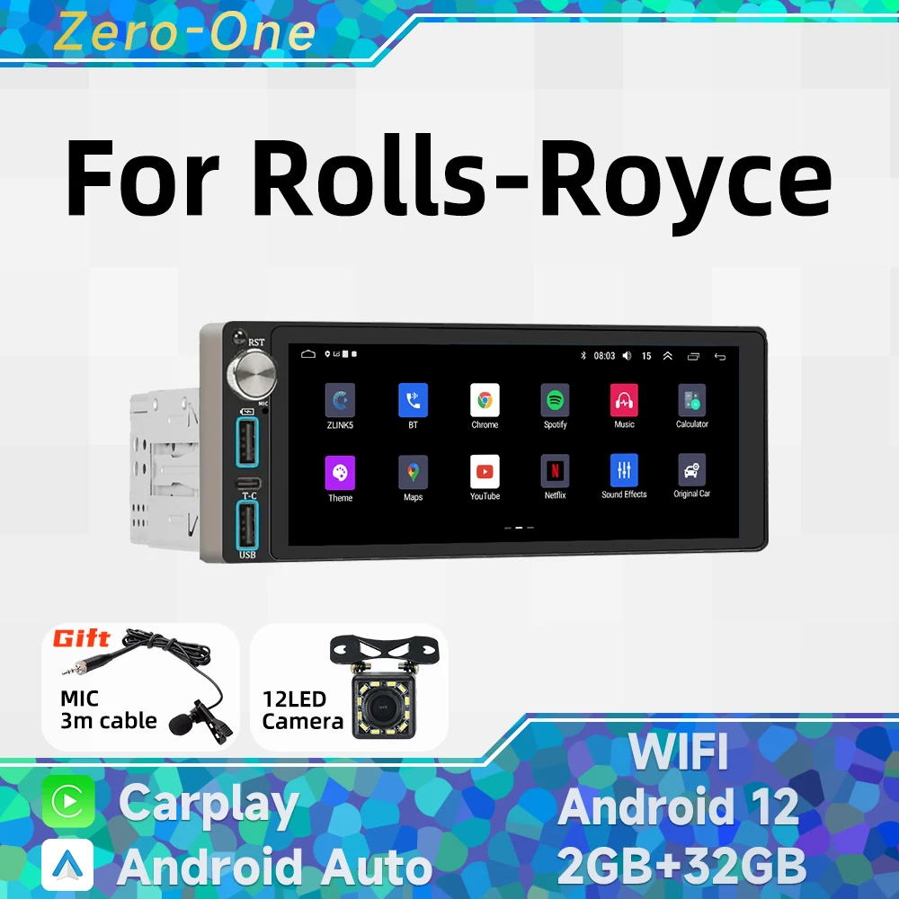 

Wireless Carplay Autoradio 1 Din Radio Android 13 Car Multimedia for Rolls-Royce 6.86" Screen Stereo Head Unit GPS Navigation BT