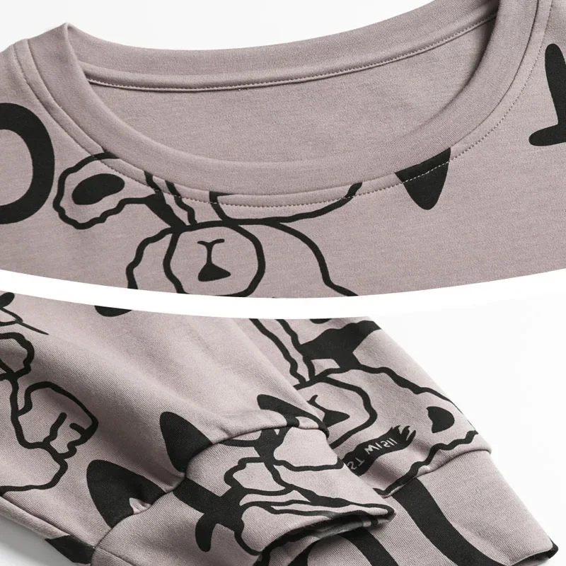 Plus Size Men\'s Pajamas Long Sleeve Loose Breathable Grey Cartoon Bear Stripes Black O-Neck Soft Loungewear Two Piece Set