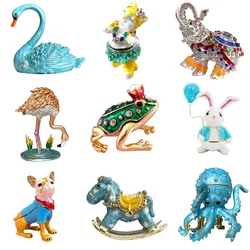 Crystal Metal Animal Figurines Jewelry Trinket Box Hinged Hand Painted Storage Case Ring Holder Home Dresser Decor Wedding Gift