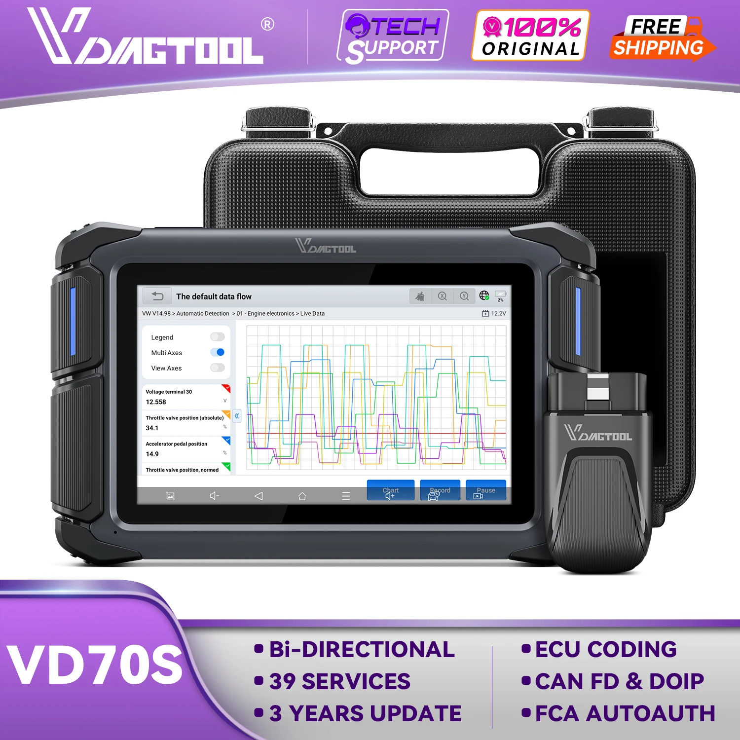 VDIAGTOOL VD70S Ferramentas de Diagnóstico Automotivo para Todos os Sistemas, Scanner Bidirecional, Codificação de ECU, Scanner Automotivo com 39+ Serviços e Programação de Chaves