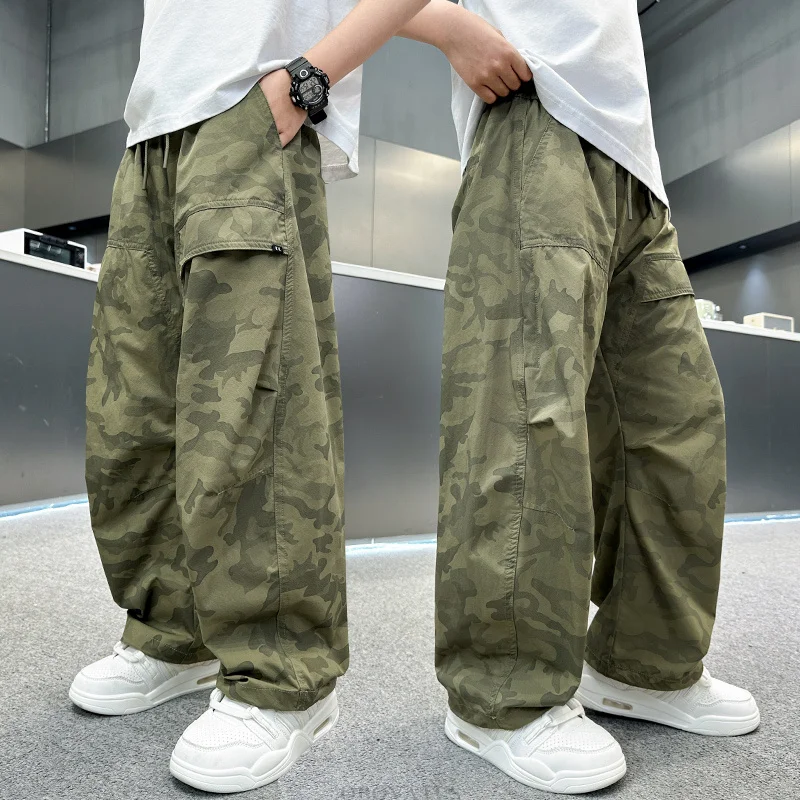 New Summer Children Straight Fit Anti-Mosquito Camouflage Pants for Tweens Boys Stylish Y2K Street Camo Trousers for Kids Teens