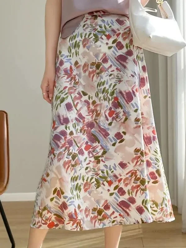 

Корейская юбка-миди с высокой талией, женская летняя новинка 2025, утягивающая юбка трапециевидной формы с цветочным принтом и асимметричным подолом с цветочным принтом