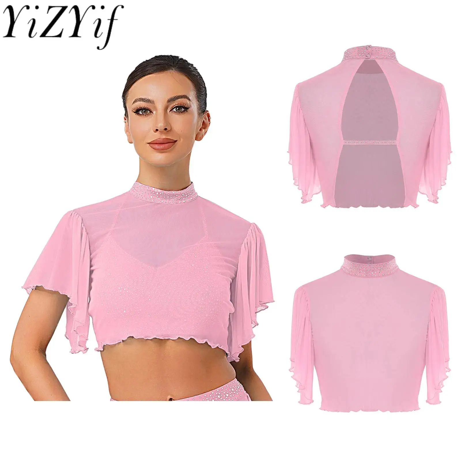 

Women Lyrical Dance Crop Cardigan Rhinestone Mock Neck Short Sleeve Sheer Mesh Cover Up Top for Ballet Modern Dance Crop Tops