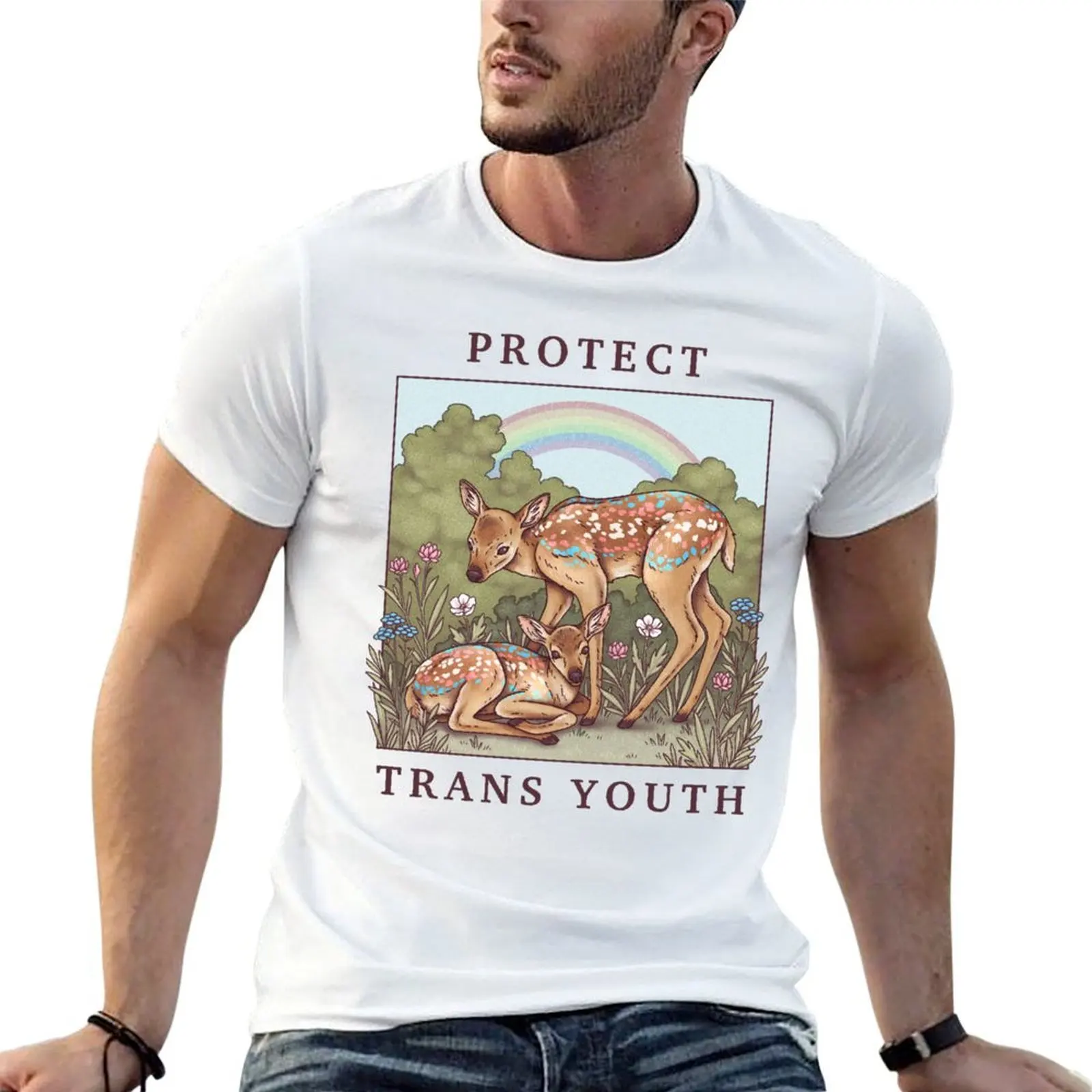

PROTECT TRANS YOUTH Trans Rights Rainbow Trans Flag Flag LGBTQIA QUEER Deer Furry Thieran T-Shirt anime t shirts for man T-Shirt