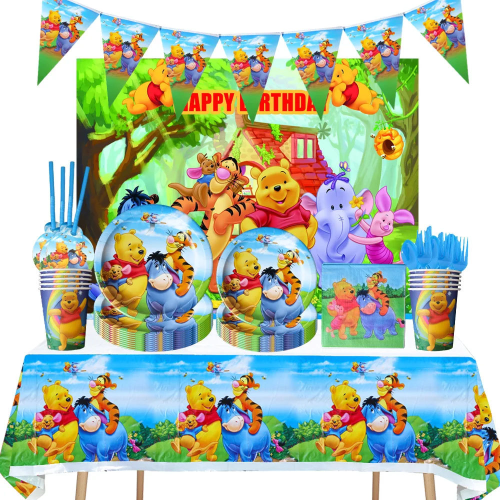 Disney Winnie The Pooh Theme Ballon Gifts Bag Plates Cupcake Topper Events Party Napkins Decoration Swirls Happy Birthday Banner