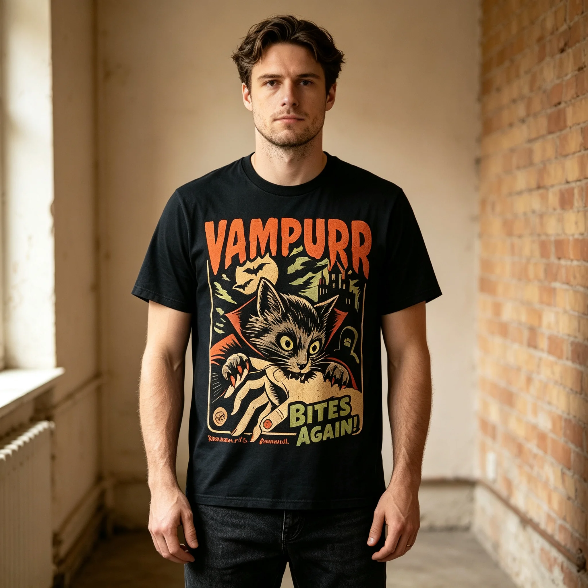Vampurr Bites Again Halloween T‑Shirt, Retro Vintage Vampire Cat Graphic Tee, Spooky Horror Bat Castle Sarcastic Fall Men Shirt