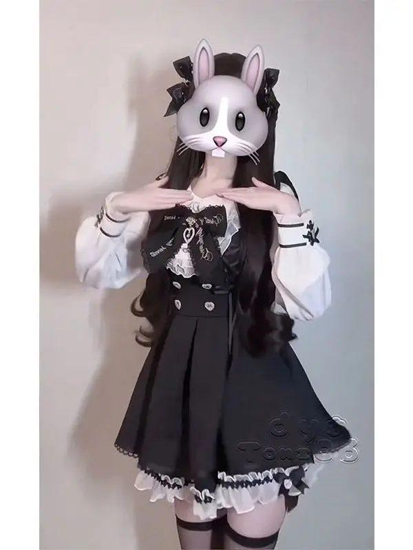 Gothic Style Black Dress Girls Miniature Splicing Lace  Autumn Winter Little Black Dress Fashionable Set Student Uniform