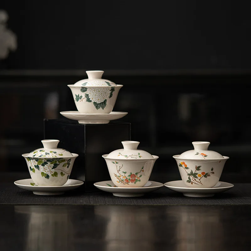 

Plant ash Sancai cover bowl Japanese coarse pottery tea ware kung fu tea set tea bowl household ceramic single teacup