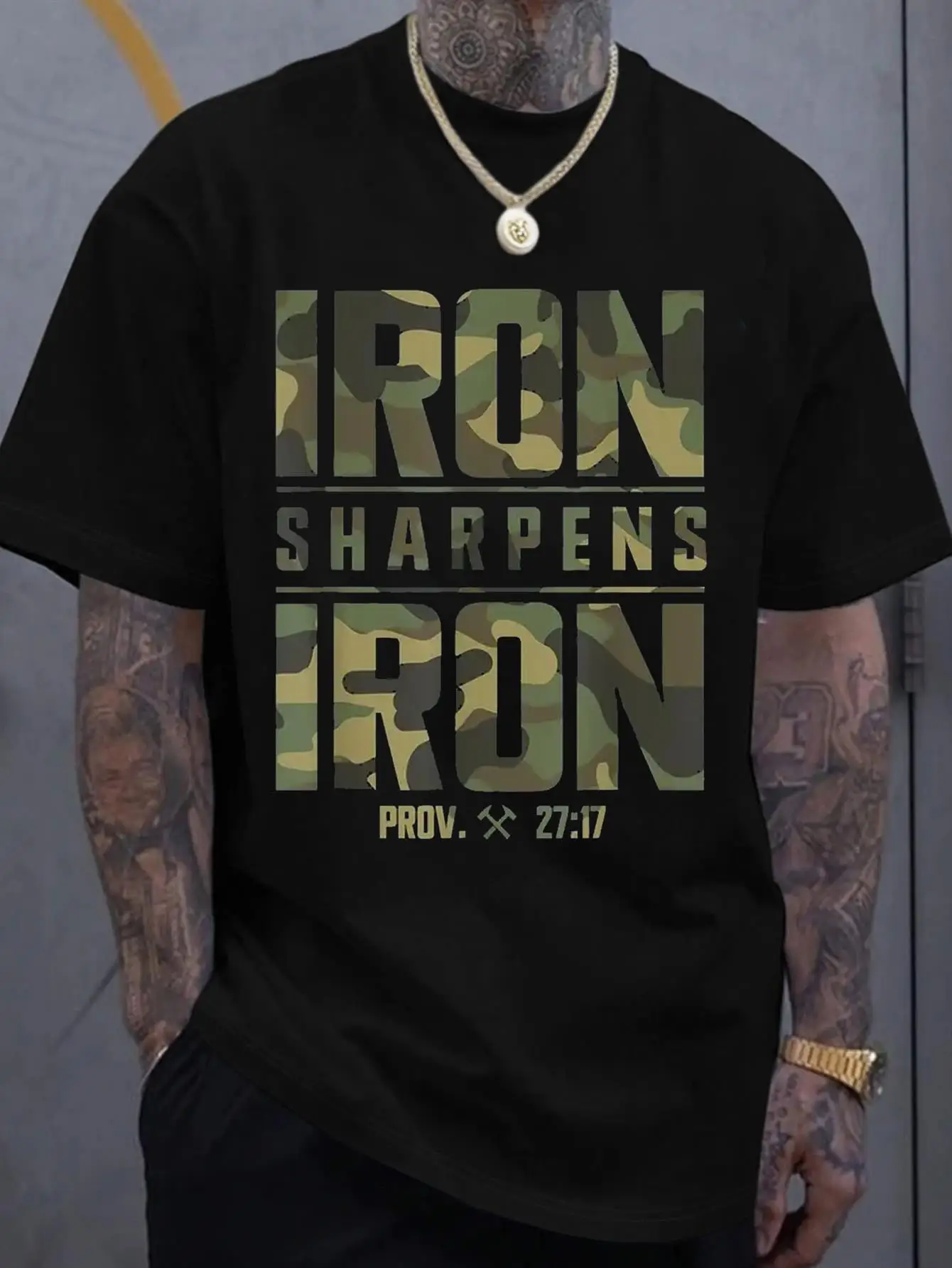Men'S Loose-Fitting 100% Graphic Tee - Featuring The Phrase 'IRON SHARPENS IRON' And The Bible Verse Proverbs 27:17, This Geometric Camouflage Print Streetwear Shirt Is Breathable for Summer, Machine Washable, Made from Durable Fabric