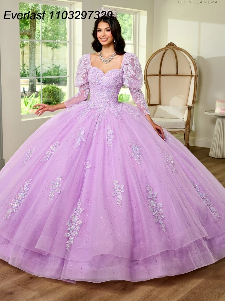 

EVLAST Lavender Quinceanera Dress Ball Gown Lace Applique Beading Crystal Puffy Sleeve Corset Sweet 16 Vestido De 15 Anos TQD443