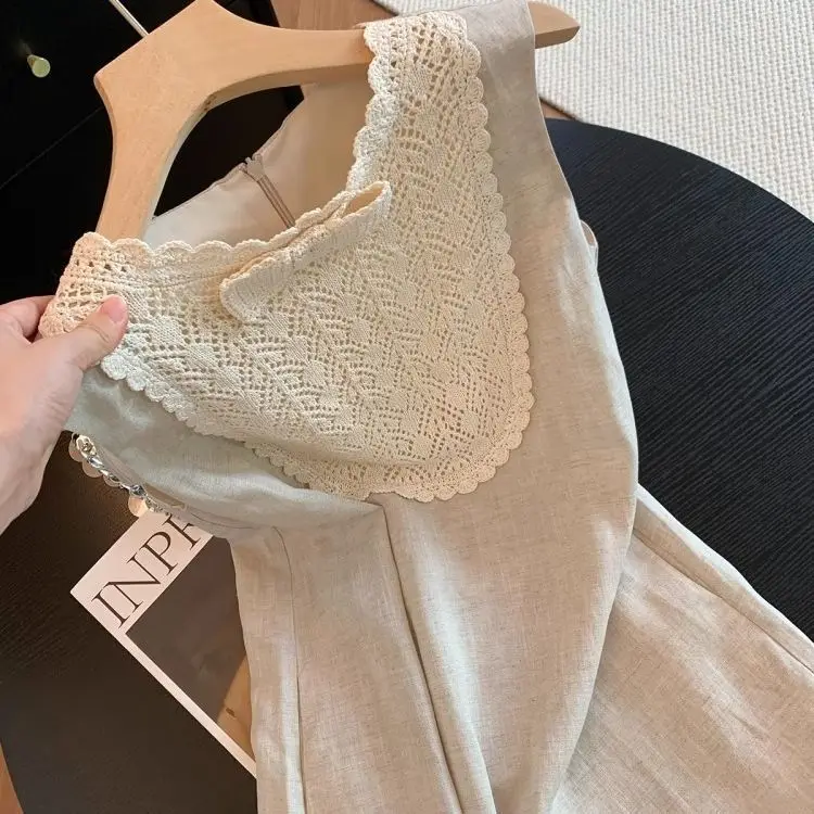 

French elegant light luxury high-end lace bow splicing crew neck dress women's 2025 summer new skirt