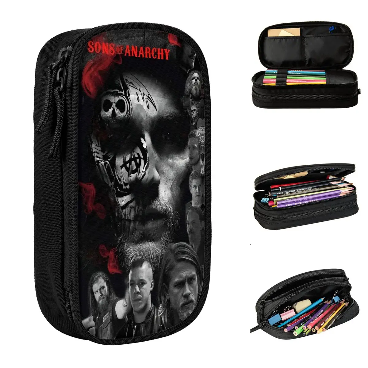 Large-capacity Pencil Case Sons Of Anarchys Tv Series Merch Double Layer Pencilcase Girl Makeup Bags Perfect Gifts