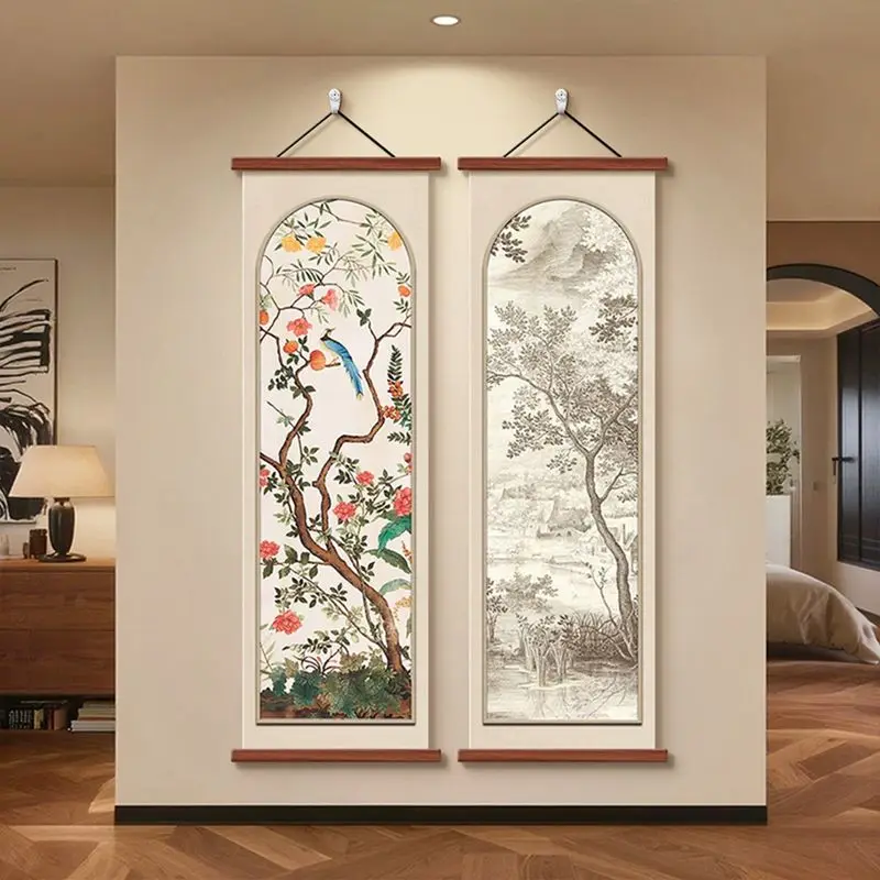 VIKAMA Chinese Flower Bird Wall Scroll, Ink Landscape Painting Print, Retro Asian Hanging Scroll for Living Room Decor