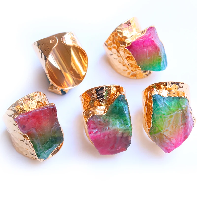 

Irregular Geode Stone Crystal Open Ring Unisex Black Color Boho Resizable Finger Jewelry