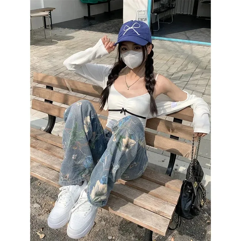 Jeans alla moda a gamba larga stampati da donna, design slim a vita alta di grandi dimensioni, pantaloni da pavimento con tasca dritta con cerniera