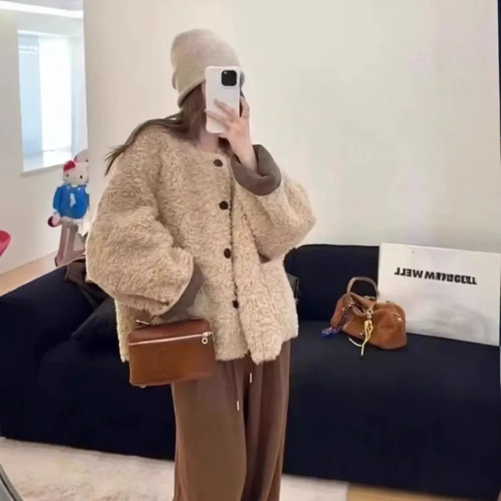 Lazy Style Environmentally Friendly Lamb Wool Jacket for Women Autumn and Winter Short Style Loose and Thick Fur Integrated