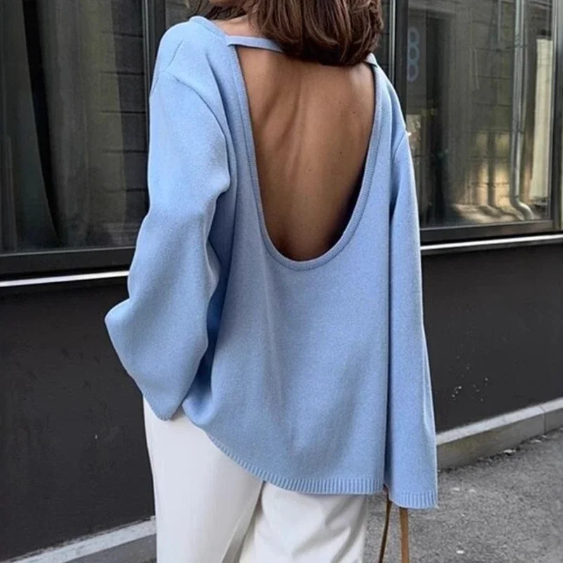 

Свитер с открытой спиной, свободные вязаные пуловеры для женщин, осень 202, новая мода, повседневный женский однотонный вязаный топ с длинными рукавами