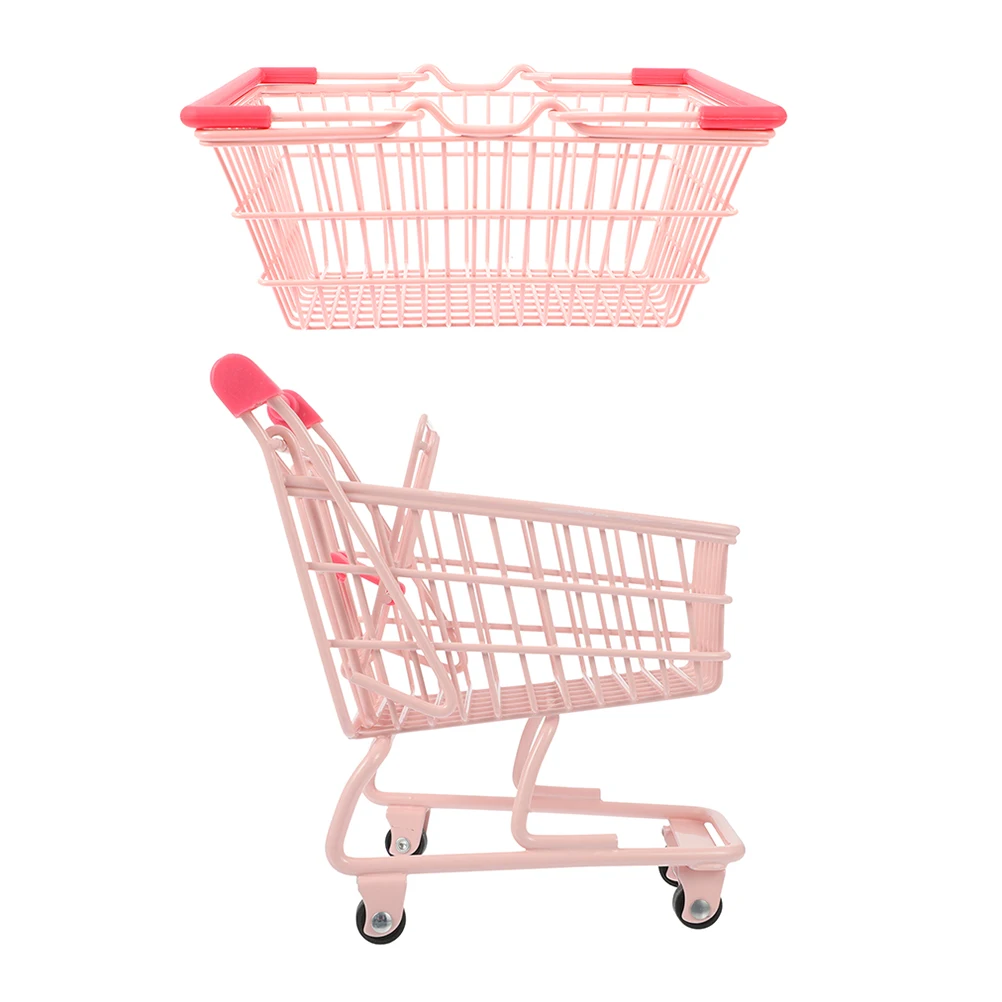

Storage Basket Shopping Cart Mini with Cover Pink Small Handle Alloy Grocery Handles