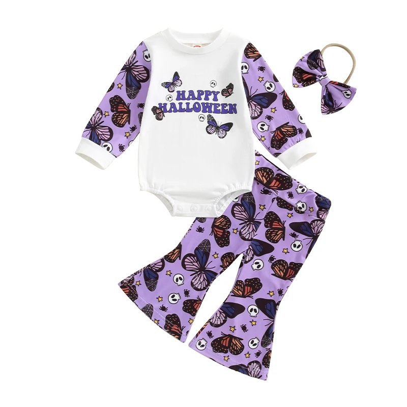 

Baby Newborn Girl Halloween Outfits Long Sleeve Letter Print Romper Bodysuit Butterfly Flared Trouser Set Bow Headband 2Pcs