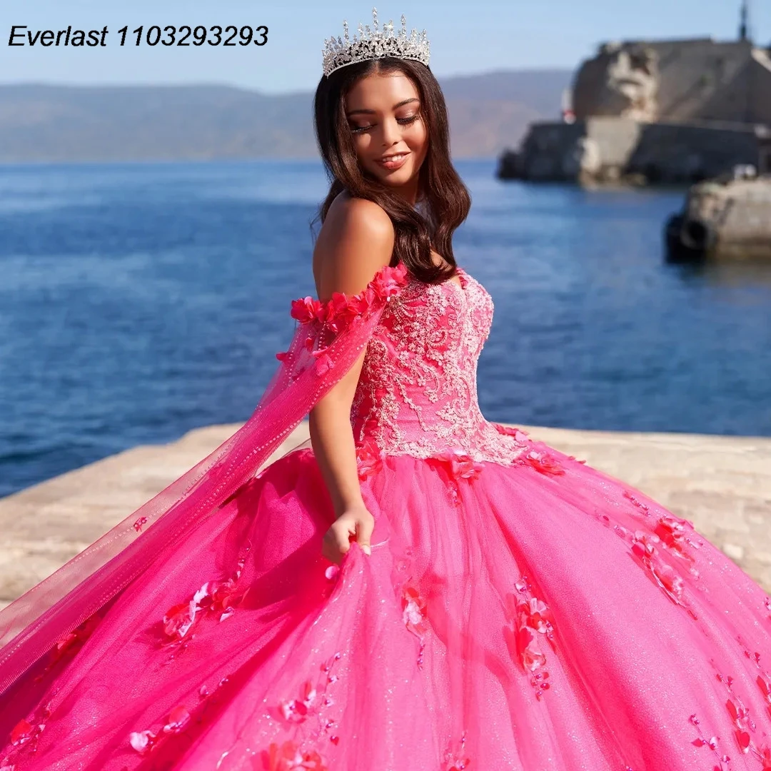 EVLAST Rose Blush Quinceanera Dress Ball Gown 3D Flower Applique perline con Cape corsetto Sweet 16 Vestido 15 De aecos TQD196