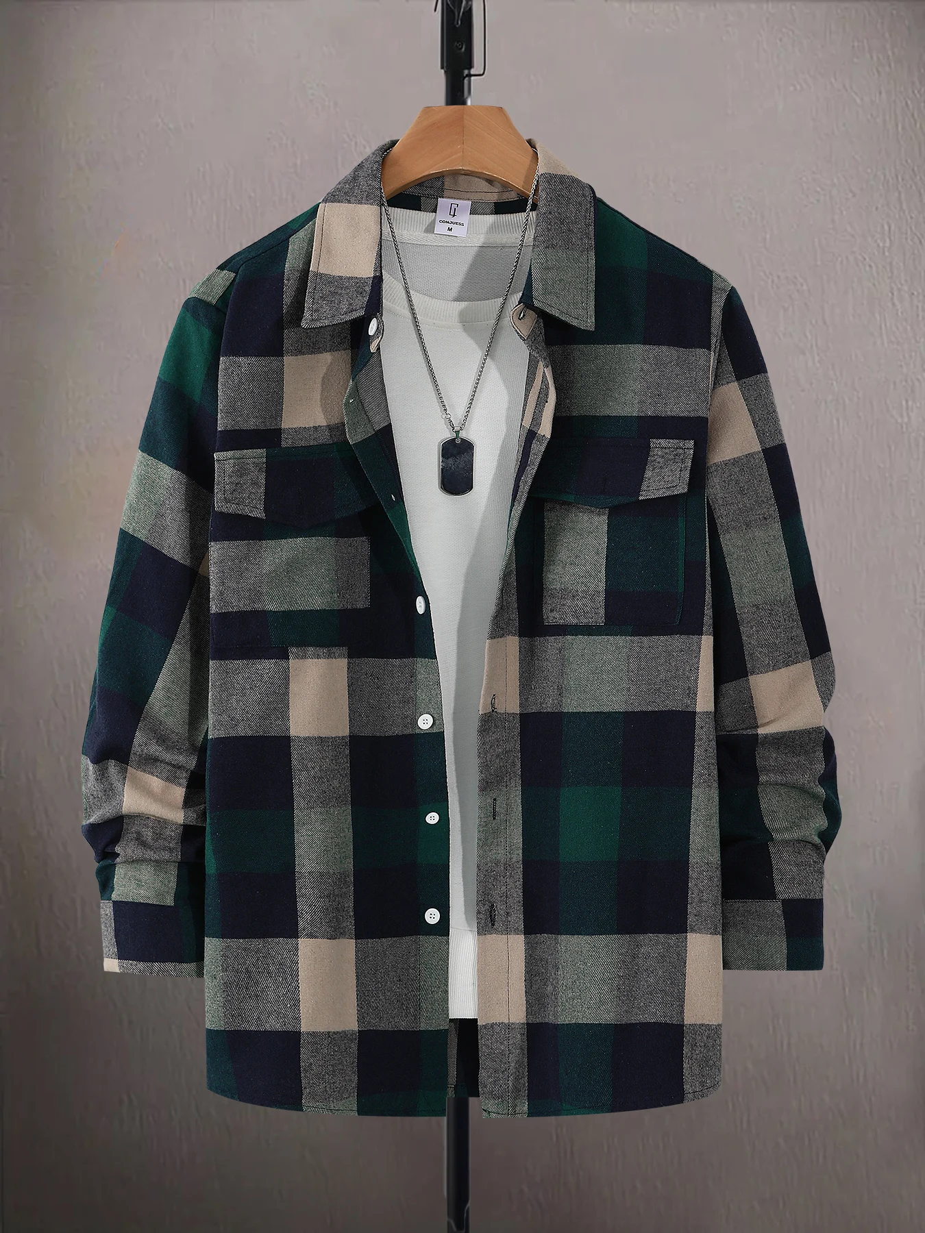 Men's Retro Large Plaid Long Sleeve Shirt Spring Autumn Loose Casual Lapel Collar Cargo Blouse