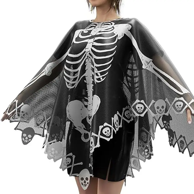 

Halloween Black Lace Women Cloak Halloween Skeleton Mesh Loose Shawl Clothes Costumes Party Funny Terrible Prom Carnival Cosplay