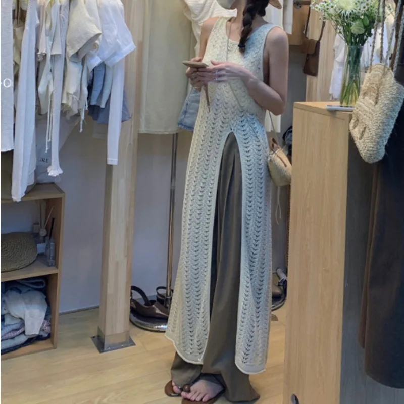 فستان نسائي صيفي محبوك مجوف مثير - تنورة طويلة بدون أكمام على طراز شاطئ ريترو، هوديي أنيق للعطلات البوهيمية6862