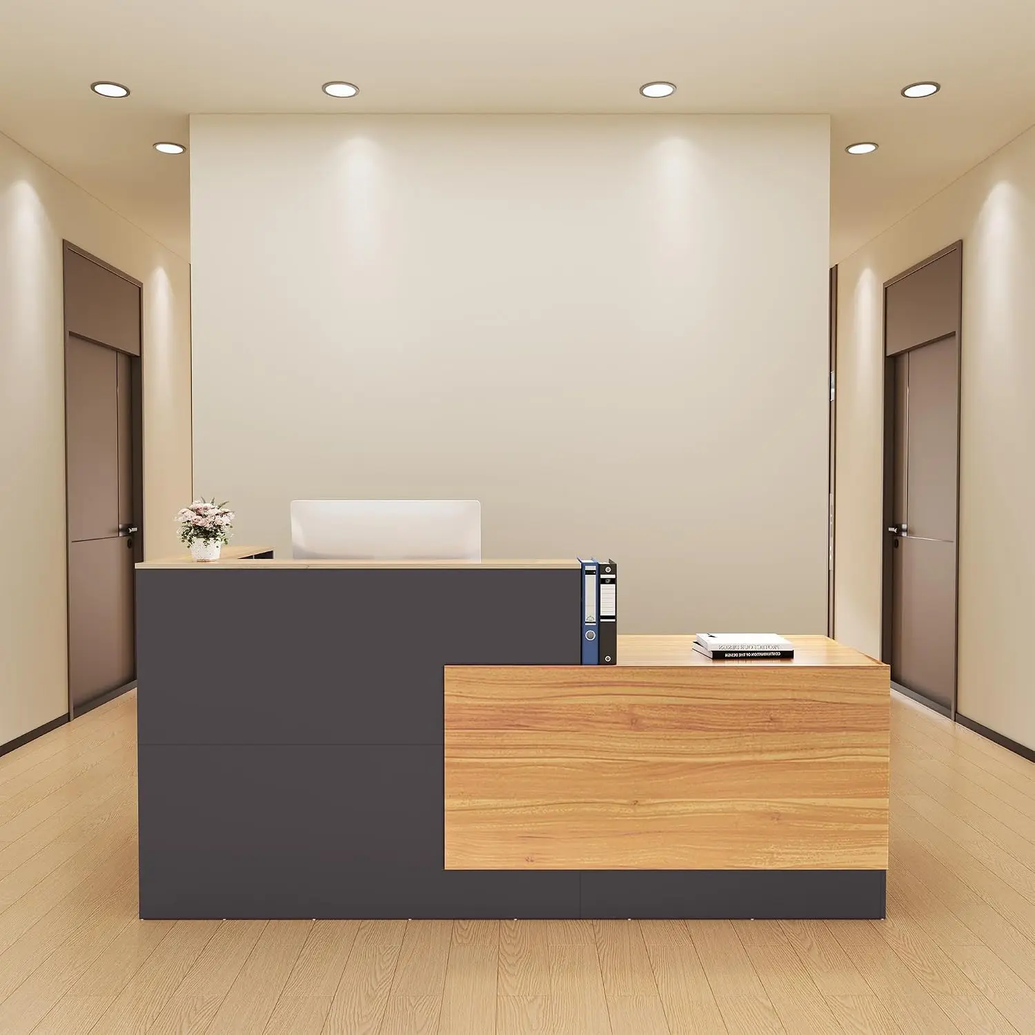 L-Shaped Reception Desk with Lockable Drawers, Adjustable File Cabinet & Keyboard Tray, Modern Front Counter for Office, Salon,