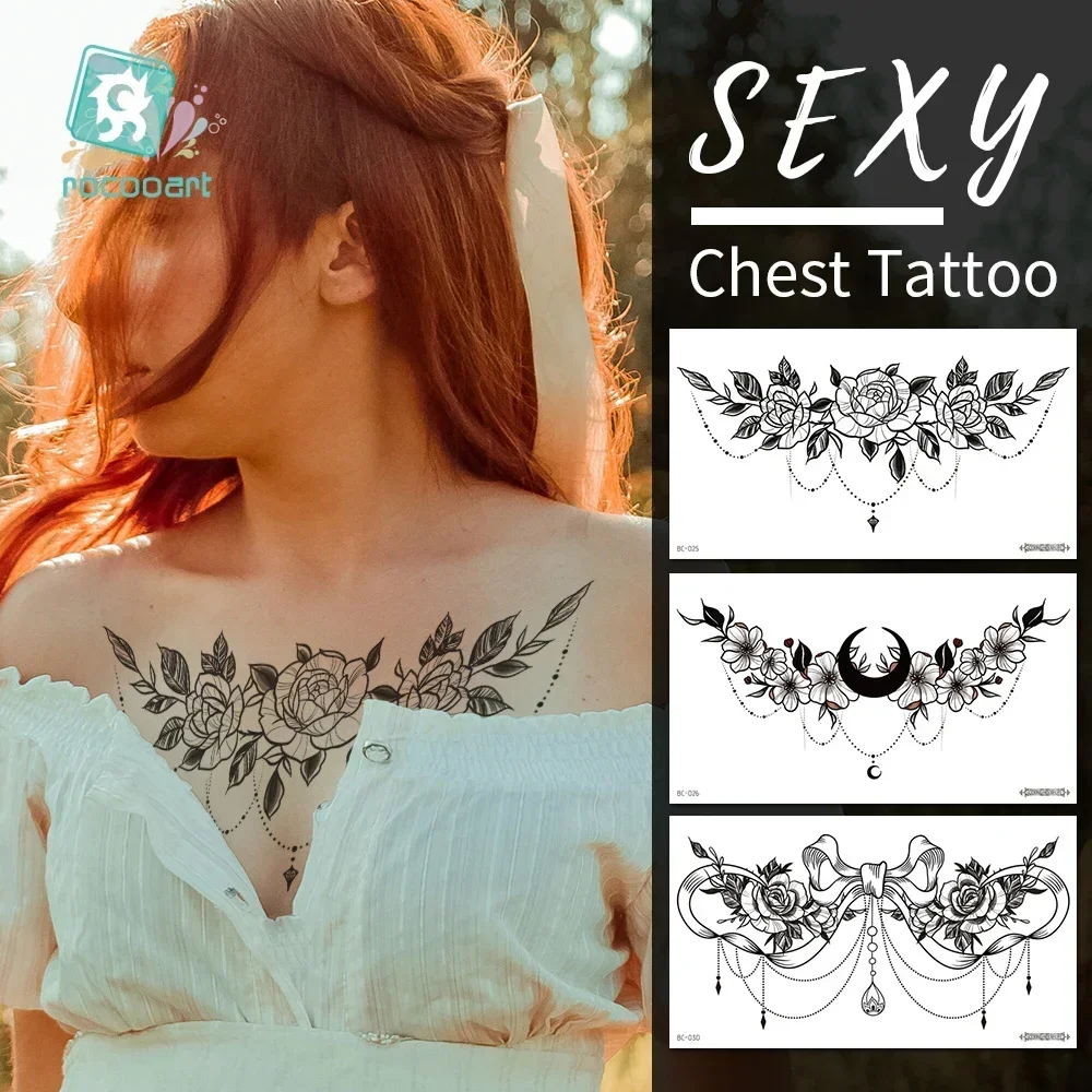 Women Girl Big Chest Necklace Fake Tattoo Temporary Mandala Flower Henna India Tatoo Stickers Custom Black Turtle Tattoos Girls