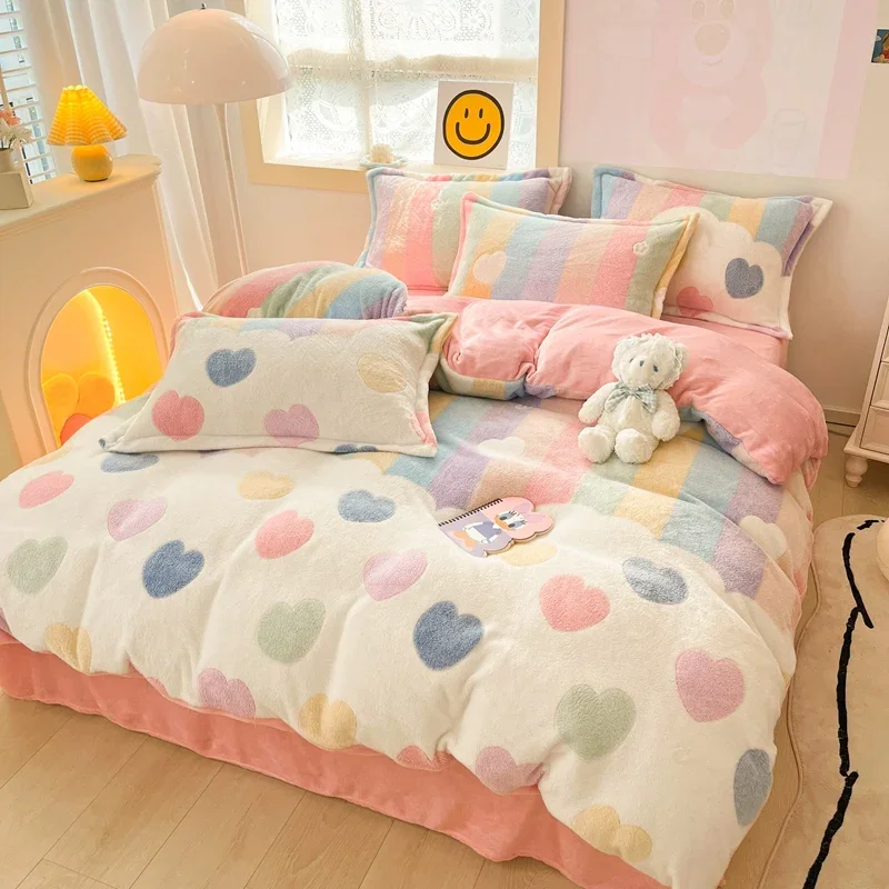 150/180/200CM Rainbow Print Pink Velvet Warm Bed Sheet Duvet Cover Pillowcase Four-piece Bedding Set for Winter M034-2