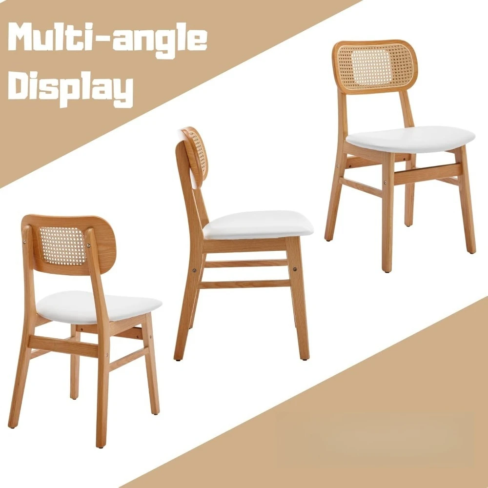 

Rattan Dining Chairs Set of 6 White Faux Leather Dining Room Chairs Natural Wooden Kitchen Chairs Farmhouse Side, Customized