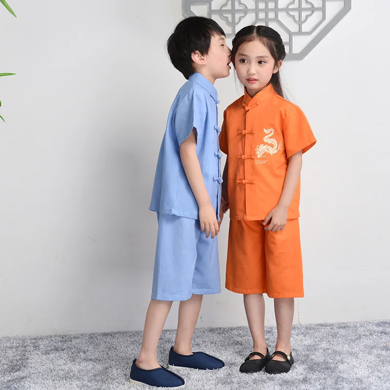 Children's Chinese Retro Short Sleeved Tang Suit Girls Boys Traditional Costumes 2024 Summer New Hanfu Tops Pants Outfit