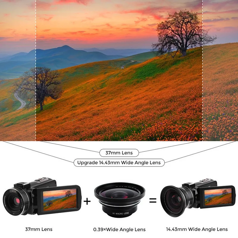 Professional 37mm Macro+72mm Wide Angle Lens 0.39X Full HD for 4K Camcorder