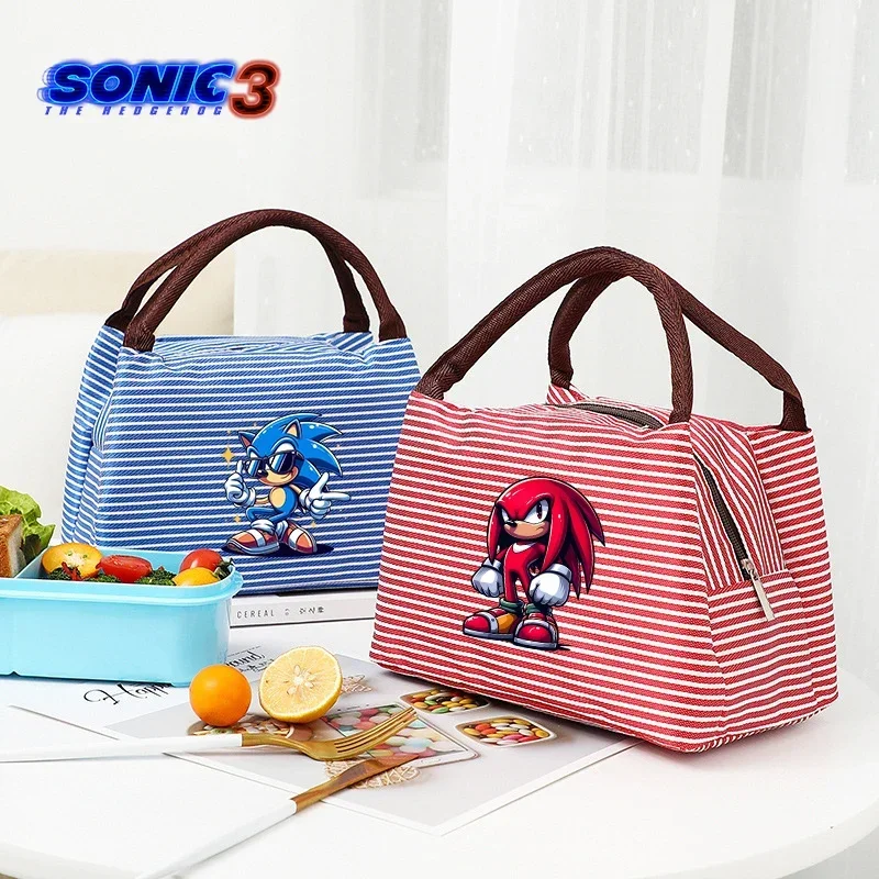 

Sonics Striped Thermal Lunch Bags Boy Girl Kawaii Anime Figure Large Capacity Portable Lunch Bento Case Cartoon Picnic Bag Gift