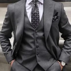 2023 New Style Wedding Men Dark Grey Peak Lapel Suits Business Casual Formal Costume Homme Slim Fit 3 Pcs Set Jacket Vest Pants