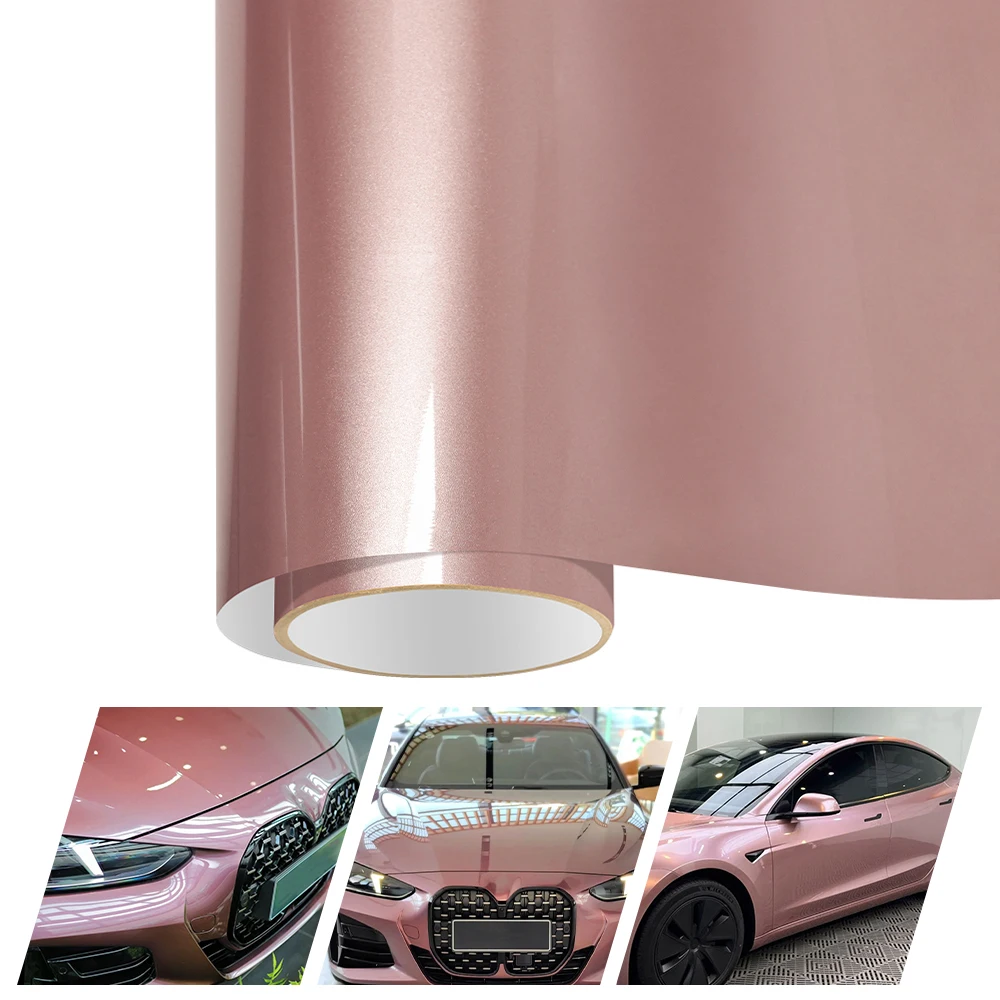 

High Gloss PET Rose Pink Metallice Vinyl Wrap Film Waterproof Car Sticker For Car Hood Body Adhesive Auto Styling Accessories