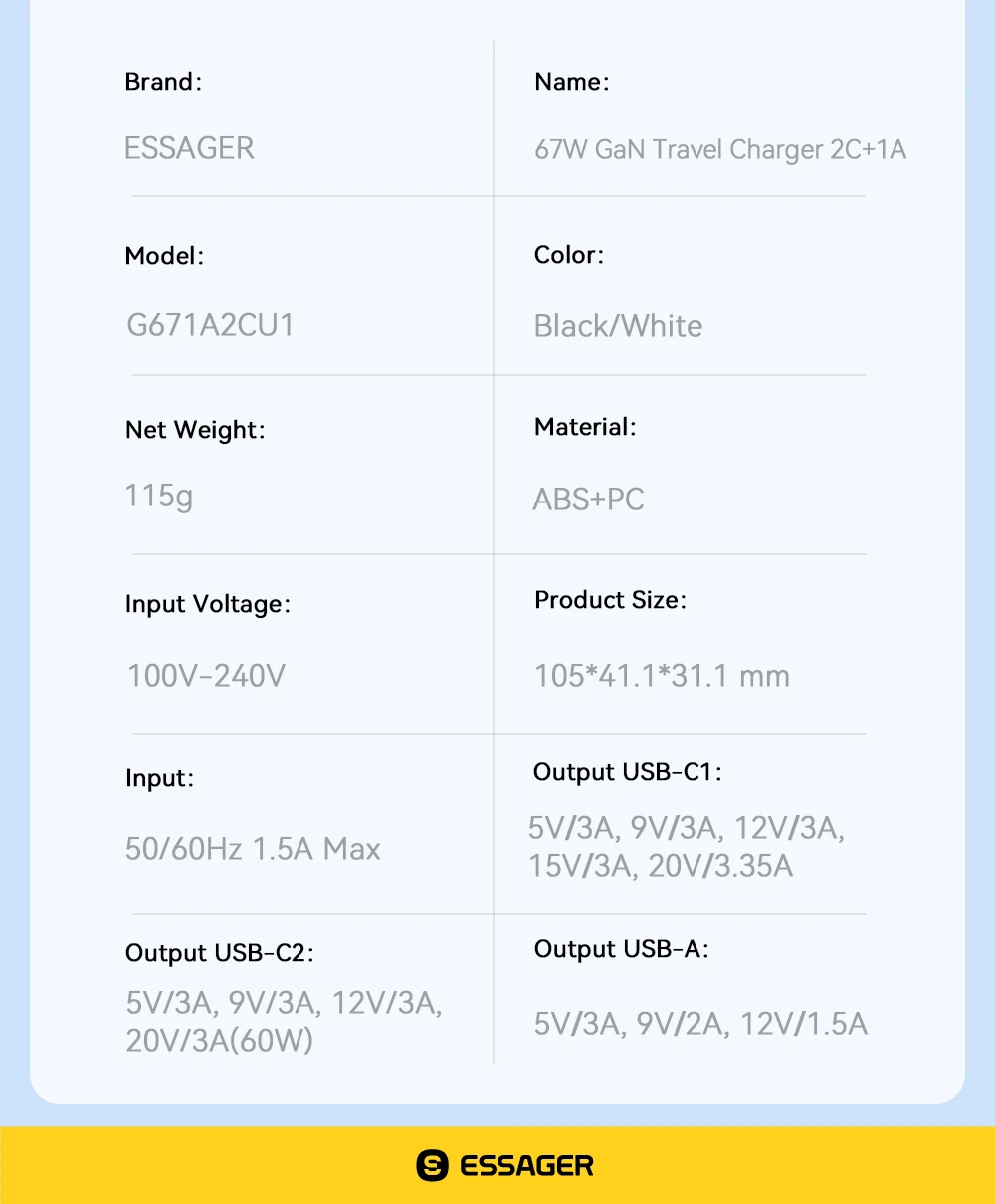 Essager 67 W GaN USB-Ladegerät QC 4.0 PD 3.0 65 W Typ C Schnellladung für Samsung Huawei Xiaomi iPhone 15 14 Telefon-Laptop-Ladegeräte – Detail 10