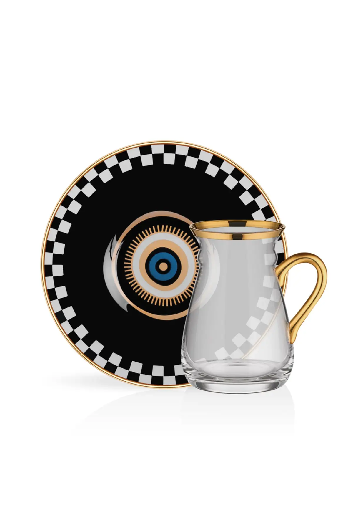 

DOLBOVI Evil Eye Black Glass With Handle Tea Cup Pad 6lı English Tea Glass Cup