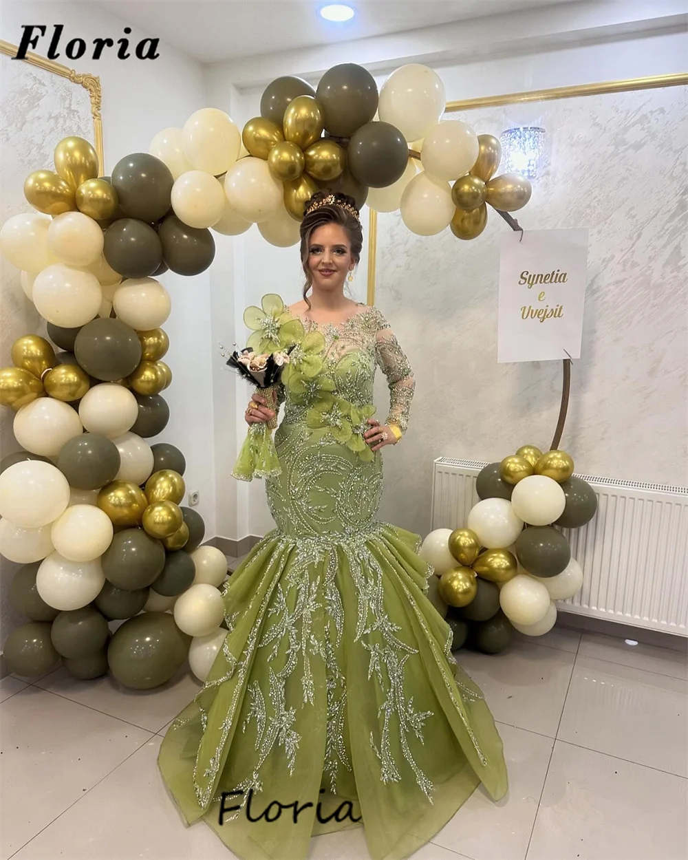 New Elegant Green Mermaid Evening Dresses Customized Beading Middle East Shoulder Flowers Crystals Wedding Party Dress Prom Gown