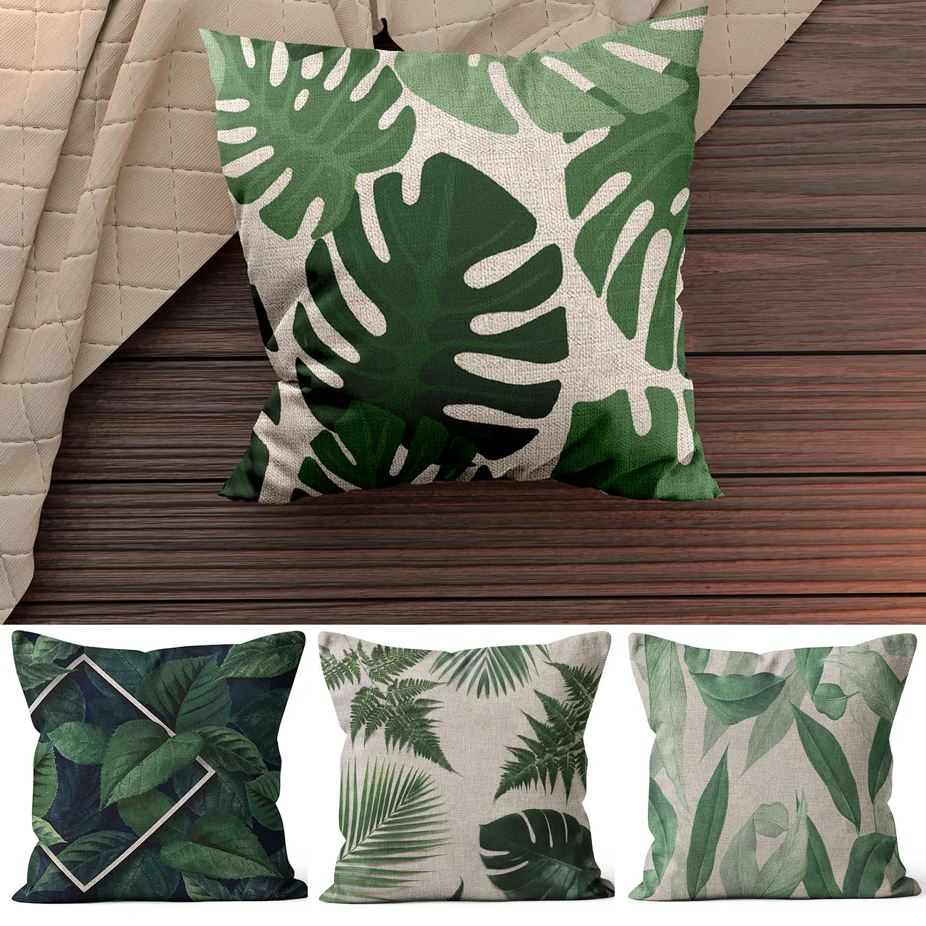 Cushion cover with tropical plant leaves for home decoration linen square pillow cover, Scandinavian style, 45x45, 40x40, autumn