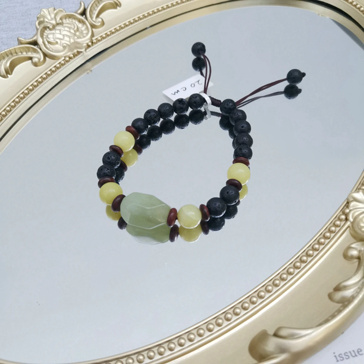 Lii Ji Real Stone Boho Friendship Bracelet Black Lava Wood Lemon Jade Bracelet 20cm for Men Women