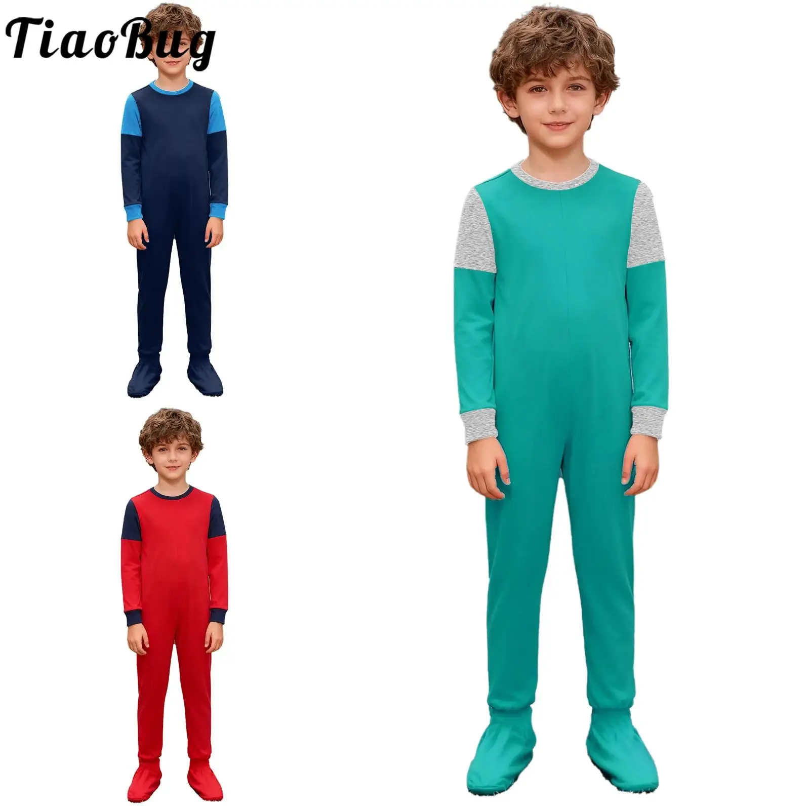 Kids Boys Girls Special Needs Adaptive Clothing Round Neck Long Sleeve Anti-Strip Back Zipper Footed Jumpsuit Rompers Homewear